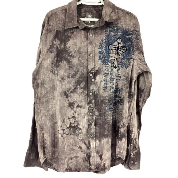 Helix Brown Tie Dye Velvet Crosses Graphic Button Down Shirt Men's L Long Sleeve - Picture 1 of 6